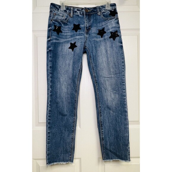 Ashley Mason Womens Jeans Sz 25 Blue Distressed Denim Black Sequin Stars Raw Hem - Picture 1 of 10